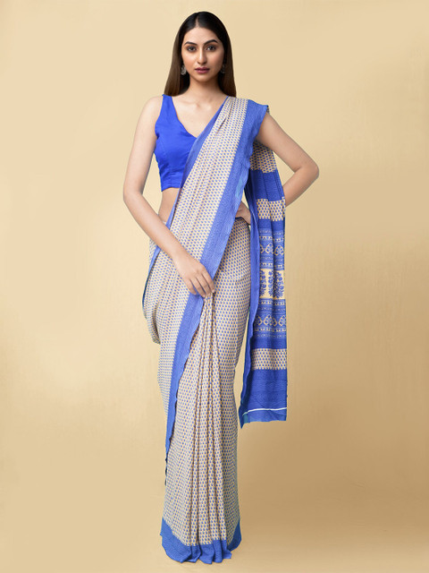 

Unnati Silks Women Beige & Blue Fancy Crepe Art Silk Saree