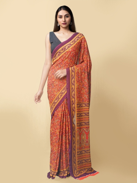 

Unnati Silks Red & Purple Paisley Art Silk Block Print Saree