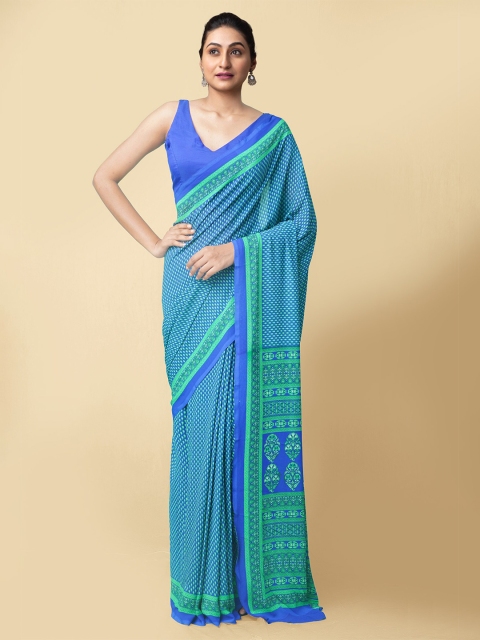 

Unnati Silks Blue & Green Art Silk Block Print Sustainable Saree