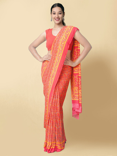 

Unnati Silks Orange & Yellow Ethnic Motifs Art Silk Block Print Sustainable Saree