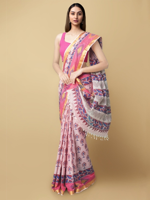 

Unnati Silks Red & Pink Ethnic Motifs Zari Pure Cotton Sambalpuri Sustainable Saree
