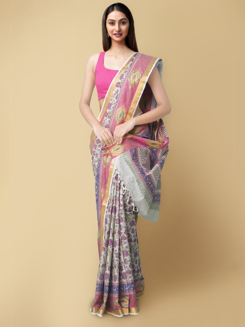 

Unnati Silks Grey & Pink Ethnic Motifs Zari Pure Cotton Sambalpuri Sustainable Saree