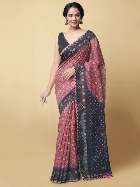 

Unnati Silks Maroon & Black Ethnic Motifs Silk Cotton Chanderi Sustainable Saree