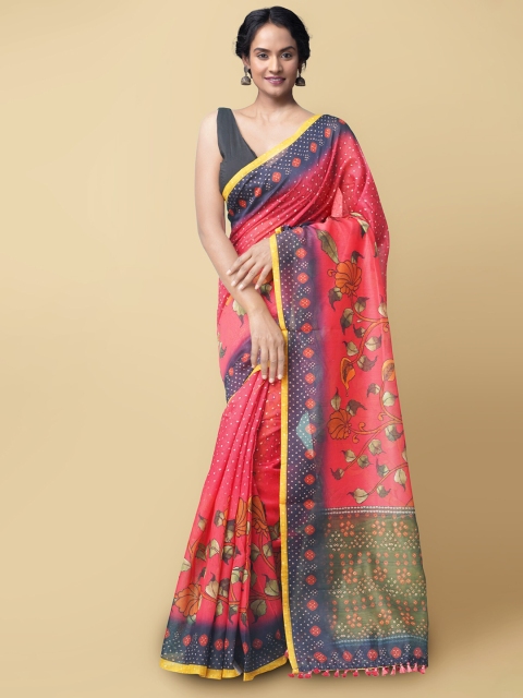 

Unnati Silks Pink & Navy Blue Kalamkari Silk Cotton Chanderi Sustainable Saree