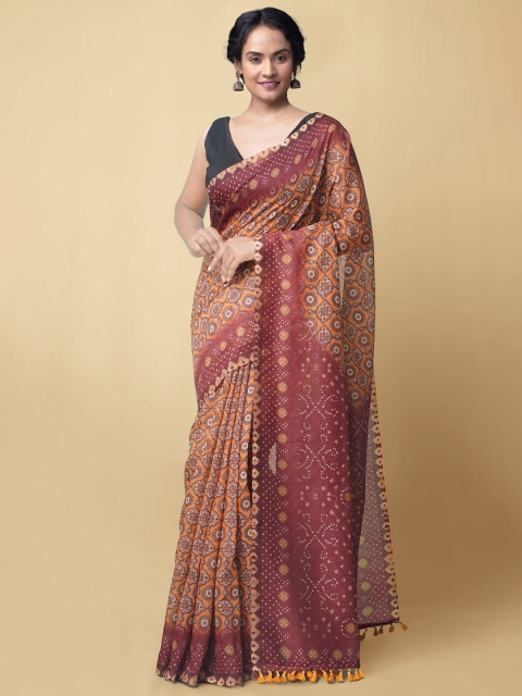 

Unnati Silks Orange & Maroon Dabu Silk Cotton Chanderi Sustainable Saree