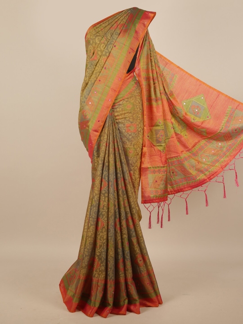 

Pothys Olive Green & Orange Floral Mirror Work Saree