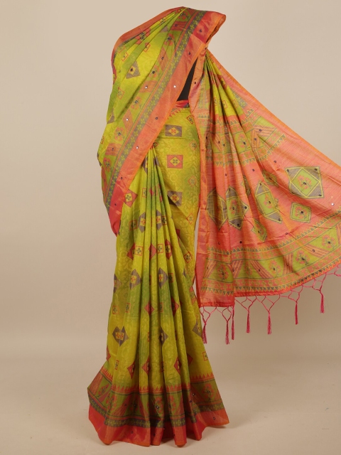 

Pothys Green & Red Geometric Printed Mirror Work Saree
