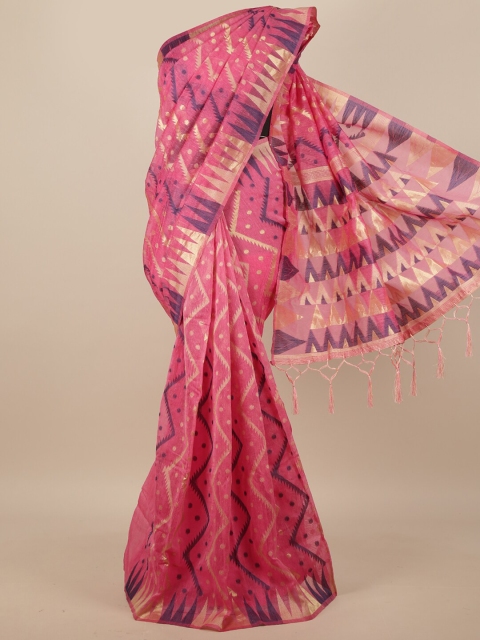 

Pothys Pink & Blue Geometric Woven Design Jute Silk Saree
