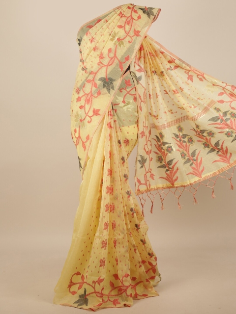 

Pothys Cream-Coloured & Red Floral Jute Silk Saree