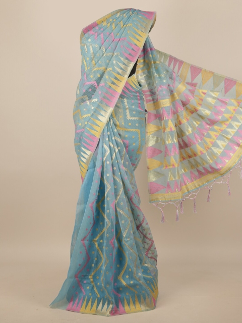 

Pothys Blue & Pink Geometric Woven Design Zari Jute Silk Saree