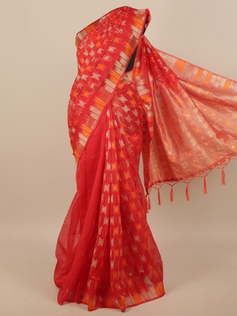 

Pothys Red & Orange Geometric Woven Design Jute Silk Saree