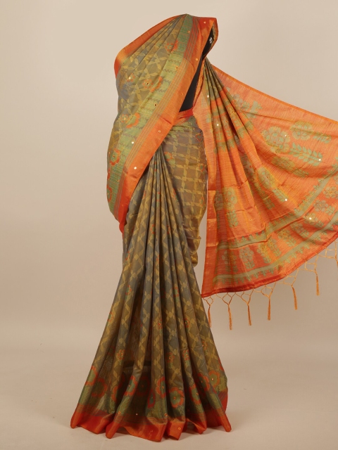 

Pothys Grey & Orange Geometric Printed Mirror Work Saree