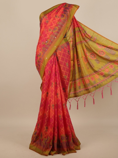 

Pothys Pink & Orange Geometric Printed Mirror Work Saree