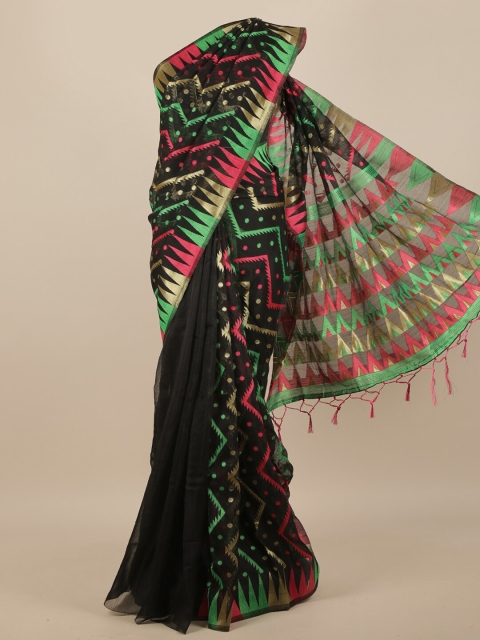 

Pothys Black & Green Geometric Woven Design Jute Silk Saree