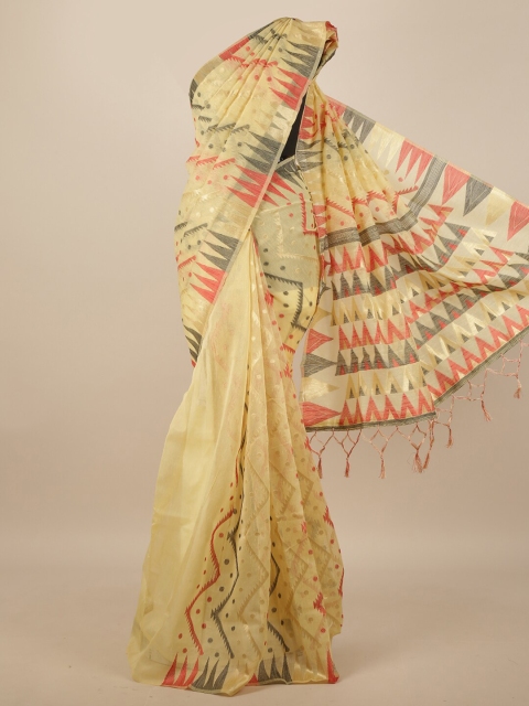 

Pothys Cream-Coloured & Red Geometric Woven Design Zari Jute Silk Saree