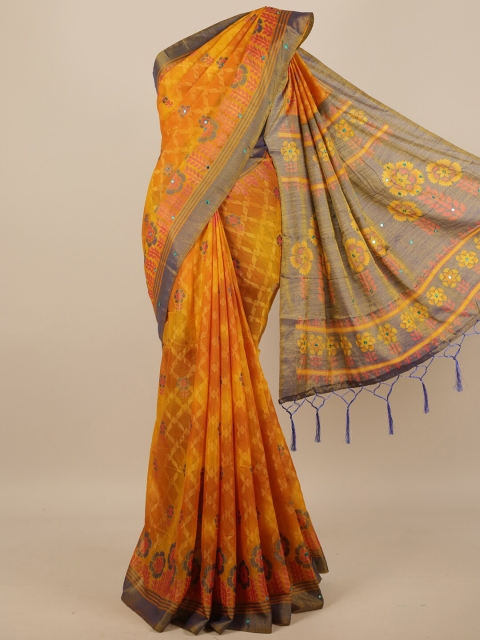 

Pothys Mustard Yellow & Grey Geometric Printed Mirror Work Saree