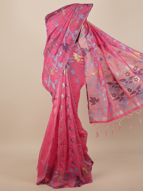 

Pothys Pink & Turquoise Blue Floral Jute Silk Saree