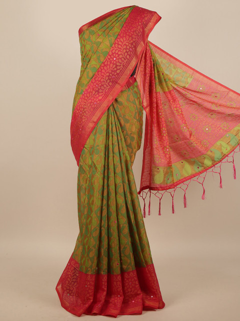 

Pothys Green & Magenta Paisley Mirror Work Saree