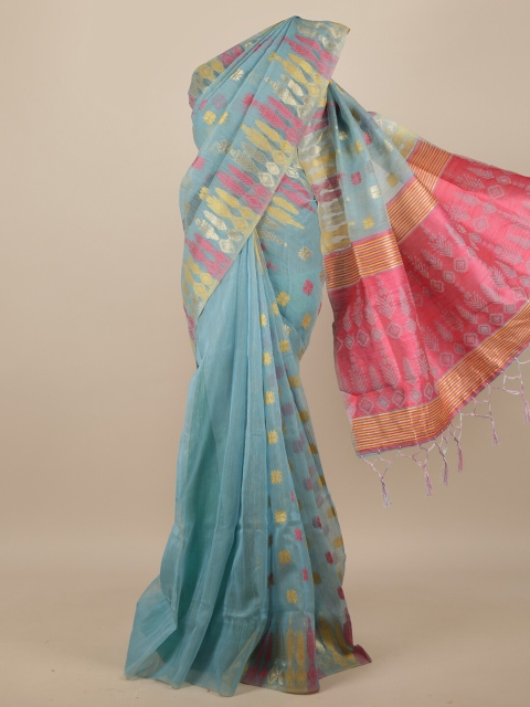 

Pothys Blue & Pink Ethnic Motifs Woven Design Jute Silk Saree