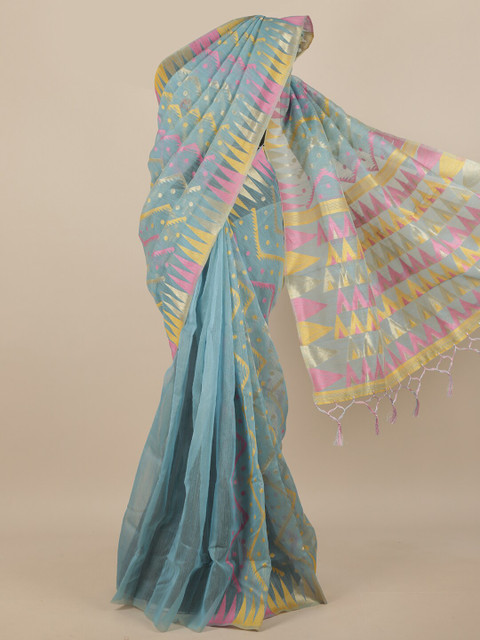 

Pothys Blue & Pink Geometric Woven Design Jute Silk Saree