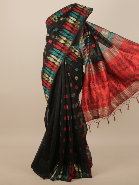 

Pothys Black & Red Ethnic Motifs Jute Silk Saree