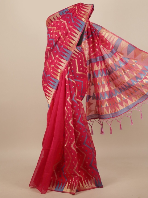 

Pothys Magenta & Gold-Coloured Geometric Woven Design Jute Silk Saree