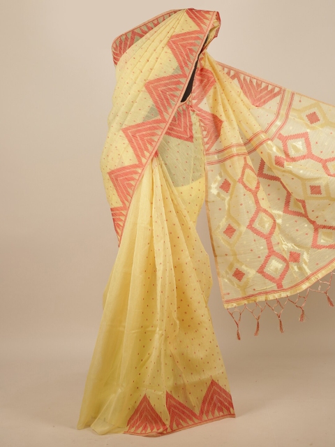 

Pothys Yellow & Red Geometric Woven Design Jute Silk Saree