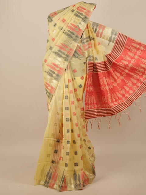 

Pothys Yellow & Coral Red Ethnic Motifs Woven Design Jute Silk Saree