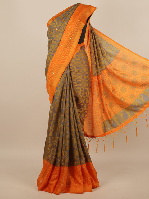 

Pothys Grey & Orange Paisley Mirror Work Saree