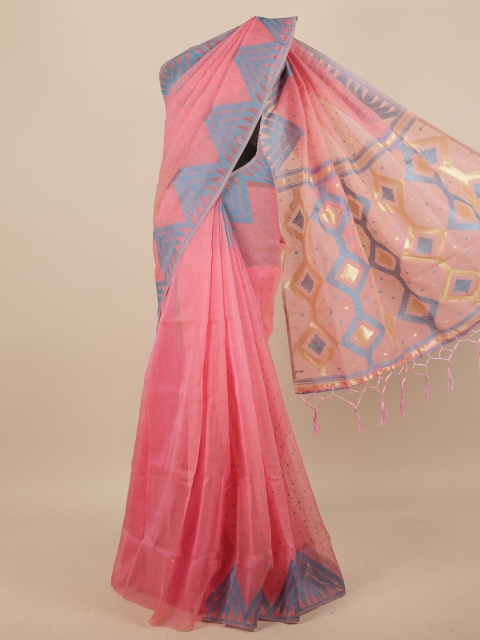 

Pothys Pink & Blue Geometric Woven Design Jute Silk Saree