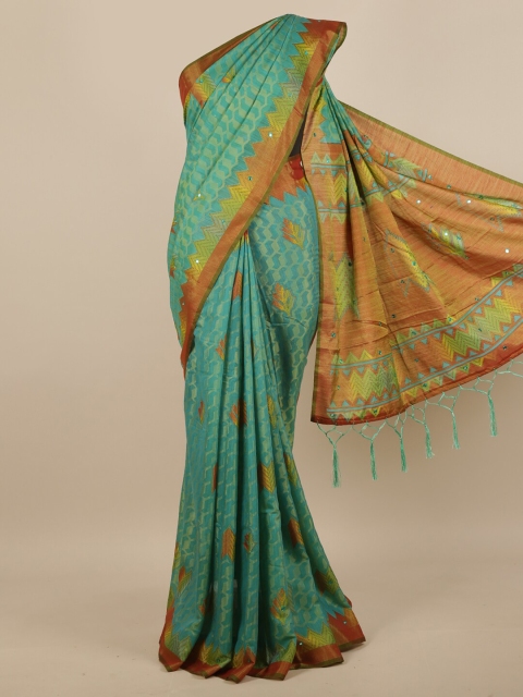 

Pothys Green & Brown Geometric Printed Mirror Work Saree