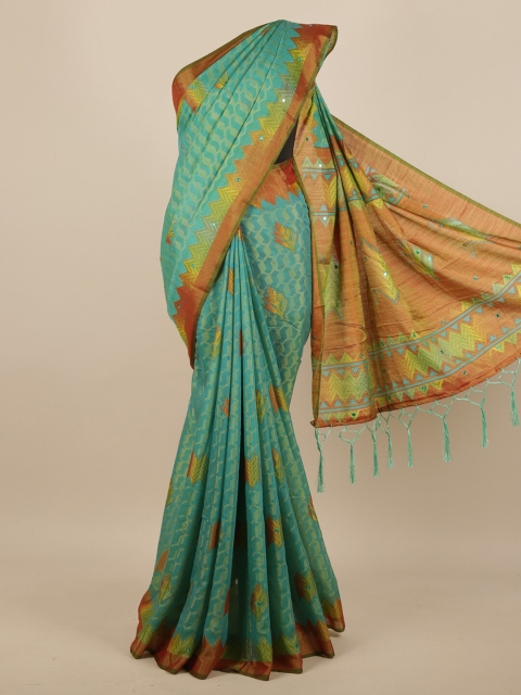 

Pothys Green & Brown Geometric Printed Mirror Work Saree