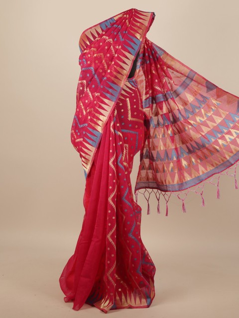 

Pothys Magenta & Blue Geometric Woven Design Jute Silk Saree