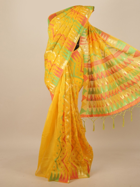 

Pothys Yellow & Green Geometric Woven Design Jute Silk Saree