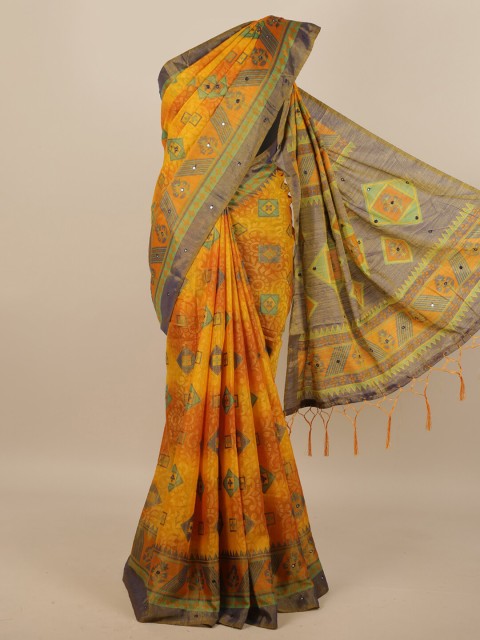 

Pothys Mustard Yellow & Green Ethnic Motifs Printed Mirror Work Saree