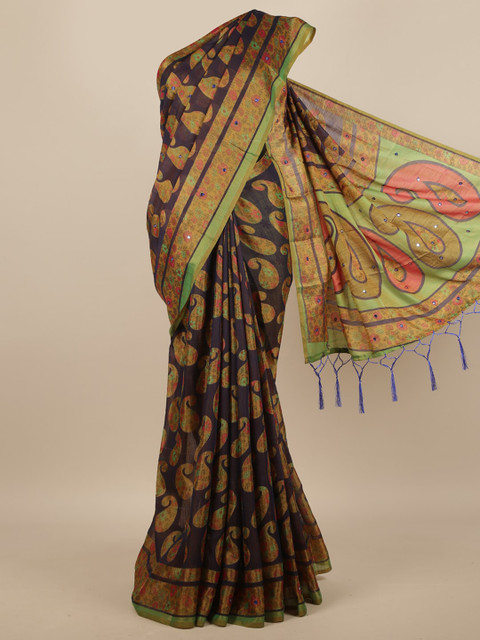 

Pothys Navy Blue & Green Paisley Mirror Work Saree