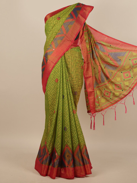 

Pothys Green & Red Geometric Printed Mirror Work Saree