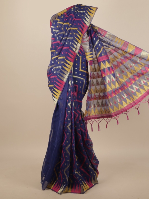 

Pothys Blue & Pink Geometric Woven Design Jute Silk Saree