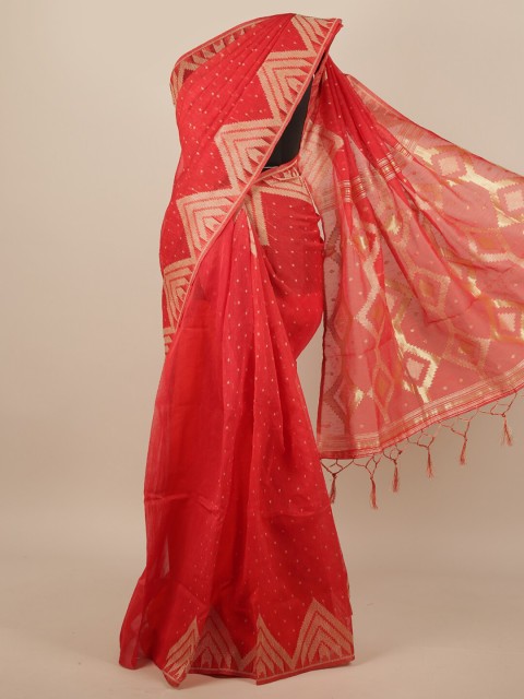 

Pothys Red & Gold-Coloured Geometric Woven Design Jute Silk Saree