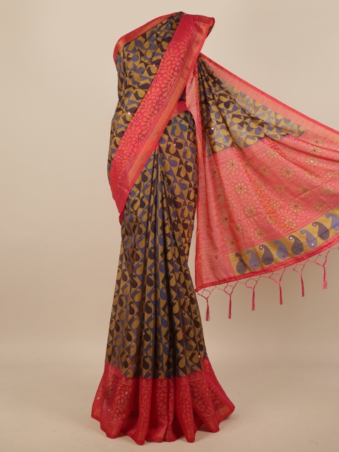 

Pothys Blue & Gold-Coloured Paisley Mirror Work Saree