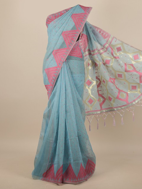 

Pothys Blue & Pink Geometric Woven Design Jute Silk Saree