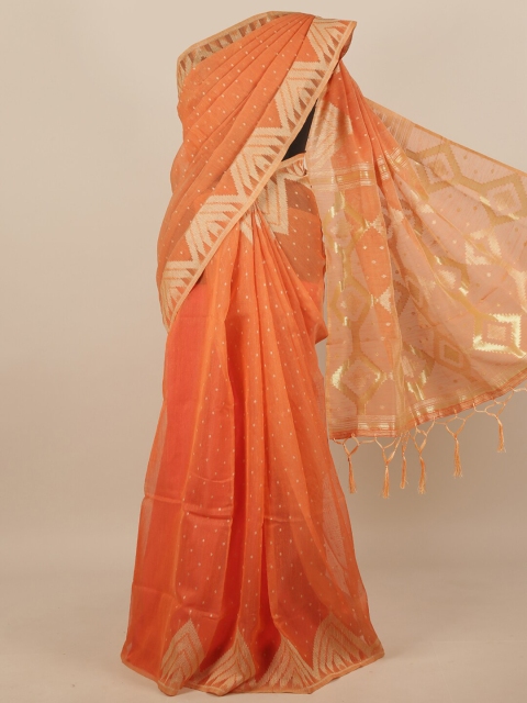 

Pothys Orange & Gold-Coloured Geometric Woven Design Jute Silk Saree