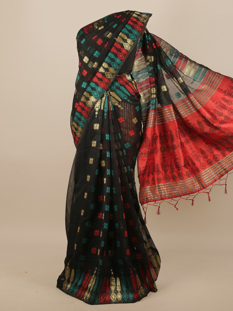 

Pothys Black & Red Ethnic Motifs Jute Silk Saree