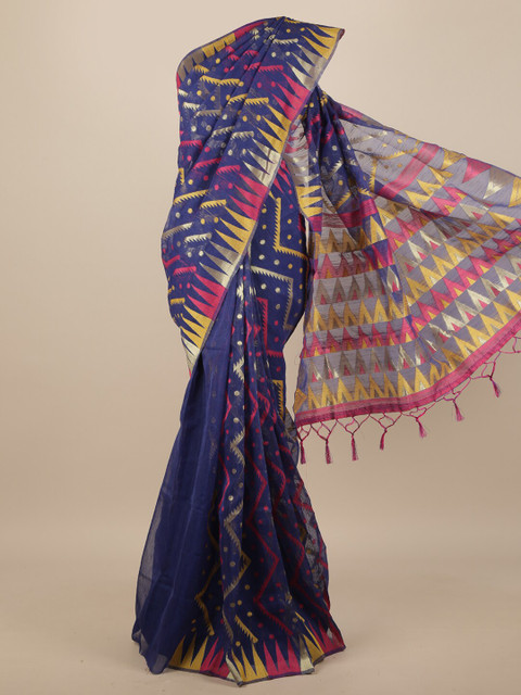 

Pothys Blue & Pink Geometric Woven Design Jute Silk Saree
