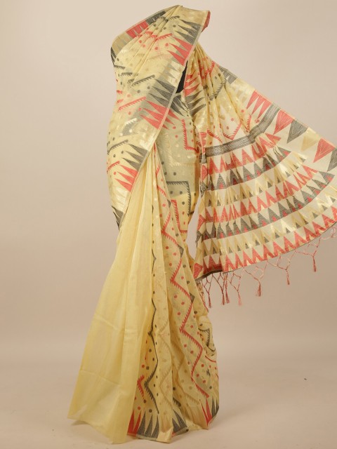 

Pothys Cream-Coloured & Red Geometric Woven Design Jute Silk Saree