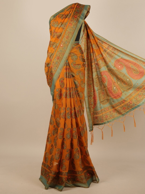 

Pothys Mustard Yellow & Green Paisley Mirror Work Saree