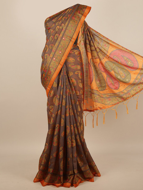 

Pothys Grey & Orange Paisley Mirror Work Saree