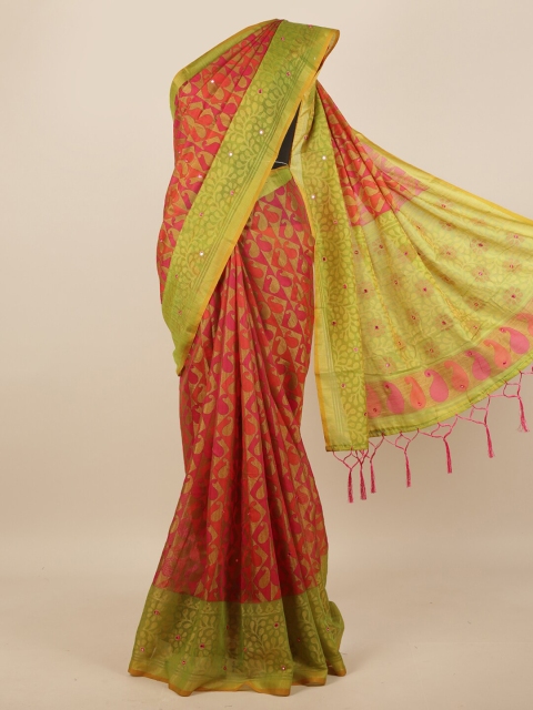 

Pothys Pink & Green Paisley Mirror Work Saree