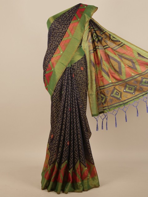 

Pothys Navy Blue & Green Geometric Printed Mirror Work Saree