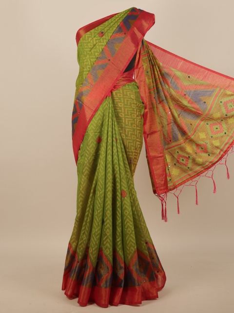 

Pothys Green & Red Geometric Printed Mirror Work Saree